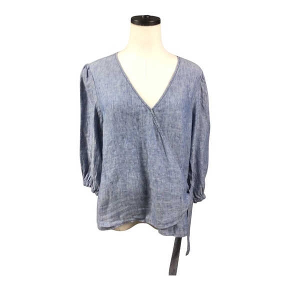 Sanctuary Tops - Sanctuary 100% Linen Blue V-Neck Wrap Top Medium 3/4 Sleeve Lagenlook